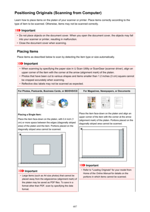 Page 687Positioning Originals (Scanning from Computer)Learn how to place items on the platen of your scanner or printer. Place items correctly according to the
type of item to be scanned. Otherwise, items may not be scanned correctly.
Important
