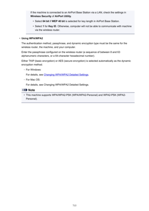 Page 715If the machine is connected to an AirPort Base Station via a LAN, check the settings in
Wireless Security  of AirPort Utility .