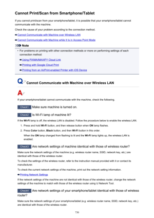 Page 730Cannot Print/Scan from Smartphone/TabletIf you cannot print/scan from your smartphone/tablet, it is possible that your smartphone/tablet cannot
communicate with the machine.
Check the cause of your problem according to the connection method.
Cannot Communicate with Machine over Wireless LAN
Cannot Communicate with Machine while It Is in Access Point Mode
Note
