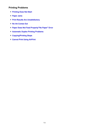 Page 733Printing Problems
Printing Does Not Start
Paper Jams
Print Results Are Unsatisfactory
No Ink Comes Out
Paper Does Not Feed Properly/"No Paper" Error
Automatic Duplex Printing Problems
Copying/Printing Stops
Cannot Print Using AirPrint
733 