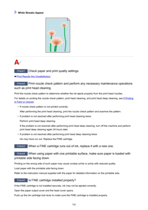 Page 743 White Streaks Appear
Check1 Check paper and print quality settings.
Print Results Are Unsatisfactory
Check2 Print nozzle check pattern and perform any necessary maintenance operations
such as print head cleaning.
Print the nozzle check pattern to determine whether the ink ejects properly from the print head nozzles. For details on printing the nozzle check pattern, print head cleaning, and print head deep cleaning, see 
If Printing
Is Faint or Uneven .
