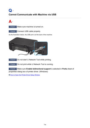 Page 796Cannot Communicate with Machine via USB
Check1 Make sure machine is turned on.
Check2 Connect USB cable properly.
As the illustration below, the USB port is at the back of the machine.
Check3  Do not start IJ Network Tool while printing.
Check4 Do not print while IJ Network Tool is running.
Check5 Make sure  Enable bidirectional support  is selected in Ports sheet of
properties dialog box of printer driver. (Windows)
How to Open the Printer Driver Setup Window
796 