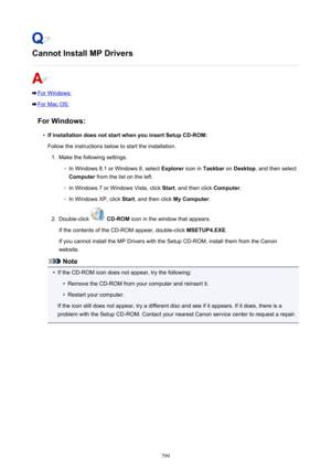 Page 799Cannot Install MP Drivers
For Windows:
For Mac OS:For Windows:
