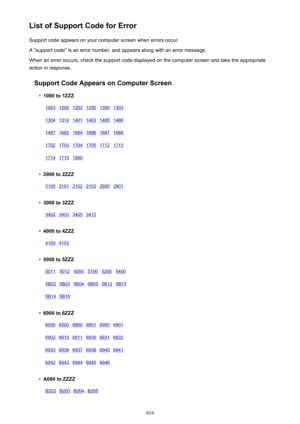 Page 819List of Support Code for ErrorSupport code appears on your computer screen when errors occur.A "support code" is an error number, and appears along with an error message.When an error occurs, check the support code displayed on the computer screen and take the appropriate
action in response.
Support Code Appears on Computer Screen