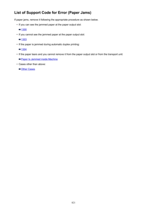 Page 821List of Support Code for Error (Paper Jams)If paper jams, remove it following the appropriate procedure as shown below.