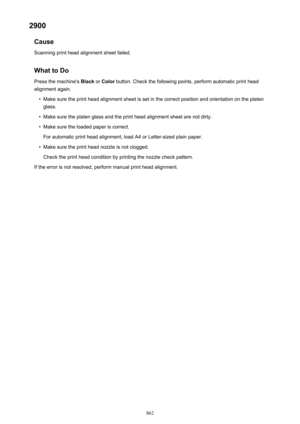 Page 8622900Cause
Scanning print head alignment sheet failed.
What to Do
Press the machine's  Black or Color  button. Check the following points, perform automatic print head
alignment again.