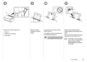 Page 1189
2
3
1F
G
I
H
1011
3  Load Paper
Prepare the Paper Support (F).Move the Paper 
Guides (G) to both 
edges.Load paper in the center of the 
Rear Tray (H).
Load paper in portrait orientation with 
the printing side facing up.
Slide the left and right Paper 
Guides against both edges of the 
paper.
Make sure that the height of the paper 
stack does not exceed the line (I).
For details on how to handle 
paper, refer to "Loading Paper" 
in the on-screen manual: 
Basic Guide after installation...