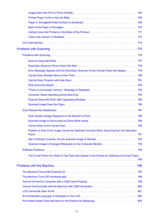 Page 12Image Does Not Print or Prints Partially. . . . . . . . . . . . . . . . . . . . . . . . . . . . . . . . . . . . . . . . . . . .   764
Printed Paper Curls or Has Ink Blots. . . . . . . . . . . . . . . . . . . . . . . . . . . . . . . . . . . . . . . . . . . . . . .   765
Paper Is Smudged/Printed Surface Is Scratched. . . . . . . . . . . . . . . . . . . . . . . . . . . . . . . . . . . . .   766
Back of the Paper Is Smudged. . . . . . . . . . . . . . . . . . . . . . . . . . . . . . . . . . . . . . . . . . ....