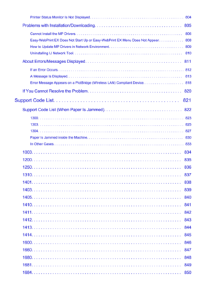 Page 13Printer Status Monitor Is Not Displayed. . . . . . . . . . . . . . . . . . . . . . . . . . . . . . . . . . . . . . . . . . . . . . . . .   804
Problems with Installation/Downloading. . . . . . . . . . . . . . . . . . . . . . . . . . . . . . . . . . . . . .   805 Cannot Install the MP Drivers. . . . . . . . . . . . . . . . . . . . . . . . . . . . . . . . . . . . . . . . . . . . . . . . . . . . . . . .   806
Easy-WebPrint EX Does Not Start Up or Easy-WebPrint EX Menu Does Not Appear. . . . . . . . . . . ....