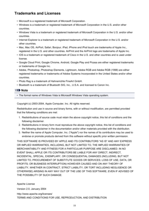 Page 18Trademarks and Licenses•
Microsoft is a registered trademark of Microsoft Corporation.
•
Windows is a trademark or registered trademark of Microsoft Corporation in the U.S. and/or othercountries.
•
Windows Vista is a trademark or registered trademark of Microsoft Corporation in the U.S. and/or othercountries.
•
Internet Explorer is a trademark or registered trademark of Microsoft Corporation in the U.S. and/or other countries.
•
Mac, Mac OS, AirPort, Safari, Bonjour, iPad, iPhone and iPod touch are...