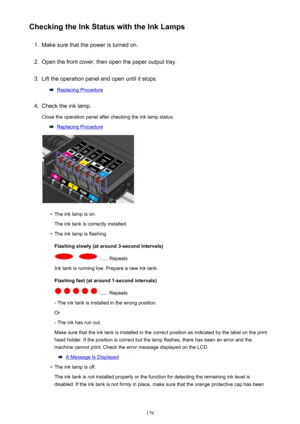 Page 179Checking the Ink Status with the Ink Lamps1.
Make sure that the power is turned on.
2.
Open the front cover, then open the paper output tray.
3.
Lift the operation panel and open until it stops.
Replacing Procedure
4.
Check the ink lamp.Close the operation panel after checking the ink lamp status.
Replacing Procedure
•
The ink lamp is on.
The ink tank is correctly installed.
•
The ink lamp is flashing.
Flashing slowly (at around 3-second intervals)
 ...... Repeats
Ink tank is running low. Prepare a new...