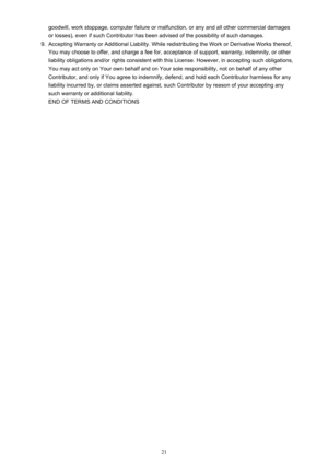 Page 21goodwill, work stoppage, computer failure or malfunction, or any and all other commercial damagesor losses), even if such Contributor has been advised of the possibility of such damages.9.
Accepting Warranty or Additional Liability. While redistributing the Work or Derivative Works thereof,You may choose to offer, and charge a fee for, acceptance of support, warranty, indemnity, or other liability obligations and/or rights consistent with this License. However, in accepting such obligations,
You may act...