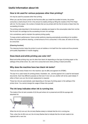 Page 321Useful Information about InkHow is ink used for various purposes other than printing?Ink may be used for purposes other than printing.
When you use the Canon printer for the first time after you install the bundled ink tanks, the printer consumes a small amount of ink in the amount to enable printing by filling the nozzles of the Print Head
with ink. For this reason, the number of sheets that can be printed with the first ink tanks is fewer than the
succeeding ink tanks.
The printing costs described in...