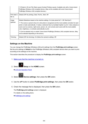 Page 488*3 Printed in 35 mm Film Style Layout (Contact Printing Layout). Available only with a Canon-brandPictBridge (Wireless LAN) compliant device. (May not be available with some Canon-brandPictBridge (Wireless LAN) compliant devices.)Print date &
file no.Default (Off: No printing), Date, File No., Both, OffImage
optimizeDefault (Selections based on the machine setting), On (Auto photo fix)*1, Off, Red-Eye*2
*1 The scene or person's face of a shot photo is recognized and the most suitable correction for...