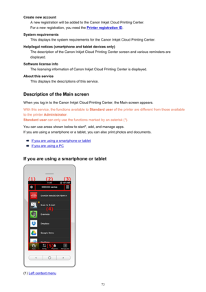 Page 73Create new accountA new registration will be added to the Canon Inkjet Cloud Printing Center.
For a new registration, you need the 
Printer registration ID .
System requirements This displays the system requirements for the Canon Inkjet Cloud Printing Center.
Help/legal notices (smartphone and tablet devices only) The description of the Canon Inkjet Cloud Printing Center screen and various reminders are
displayed.
Software license info The licensing information of Canon Inkjet Cloud Printing Center is...