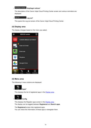 Page 78• Help/legal notices*
The description of the Canon Inkjet Cloud Printing Center screen and various reminders are displayed.•
 Log out*
This opens the Log out screen of the Canon Inkjet Cloud Printing Center.
(4) Display area The display changes based on the menu you select.
(5) Menu areaThe following 4 menu buttons are displayed:
•
 Apps*
This displays the list of registered apps in the 
Display area .
•
 Config
This displays the Register apps screen in the 
Display area .
The display can be toggled...