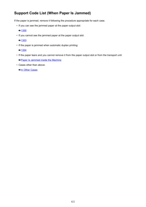 Page 822Support Code List (When Paper Is Jammed)If the paper is jammed, remove it following the procedure appropriate for each case.•
If you can see the jammed paper at the paper output slot:
1300
•
If you cannot see the jammed paper at the paper output slot:
1303
•
If the paper is jammed when automatic duplex printing:
1304
•
If the paper tears and you cannot remove it from the paper output slot or from the transport unit:
Paper Is Jammed inside the Machine
•
Cases other than above:
In Other Cases
822 