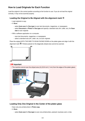 Page 168How to Load Originals for Each FunctionLoad the original in the correct position according to the function to use. If you do not load the original
correctly, it may not be scanned properly.
Loading the Original to Be Aligned with the alignment mark 