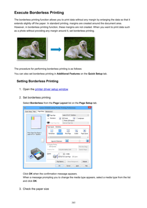 Page 385Execute Borderless PrintingThe borderless printing function allows you to print data without any margin by enlarging the data so that it
extends slightly off the paper. In standard printing, margins are created around the document area.
However, in borderless printing function, these margins are not created. When you want to print data such
as a photo without providing any margin around it, set borderless printing.
The procedure for performing borderless printing is as follows:
You can also set...