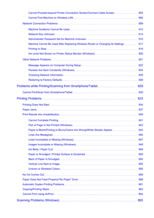 Page 12Cannot Proceed beyond Printer Connection Screen/Connect Cable Screen. . . . . . . . . . . . . . . .   804
Cannot Find Machine on Wireless LAN. . . . . . . . . . . . . . . . . . . . . . . . . . . . . . . . . . . . . . . . . . . . .   806
Network Connection Problems. . . . . . . . . . . . . . . . . . . . . . . . . . . . . . . . . . . . . . . . . . . . . . . . . . . . . . .   809 Machine Suddenly Cannot Be Used. . . . . . . . . . . . . . . . . . . . . . . . . . . . . . . . . . . . . . . . . . . . . . ....