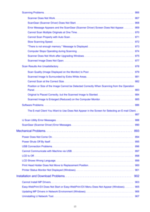 Page 13Scanning Problems. . . . . . . . . . . . . . . . . . . . . . . . . . . . . . . . . . . . . . . . . . . . . . . . . . . . . . . . . . . . . . . .   866Scanner Does Not Work. . . . . . . . . . . . . . . . . . . . . . . . . . . . . . . . . . . . . . . . . . . . . . . . . . . . . . . .   867
ScanGear (Scanner Driver) Does Not Start. . . . . . . . . . . . . . . . . . . . . . . . . . . . . . . . . . . . . . . . . .  868
Error Message Appears and the ScanGear (Scanner Driver) Screen Does Not Appear. . . . . . ....