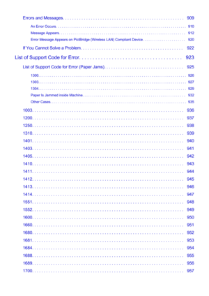 Page 14Errors and Messages. . . . . . . . . . . . . . . . . . . . . . . . . . . . . . . . . . . . . . . . . . . . . . . . . . . .   909An Error Occurs. . . . . . . . . . . . . . . . . . . . . . . . . . . . . . . . . . . . . . . . . . . . . . . . . . . . . . . . . . . . . . . . . . .   910
Message Appears. . . . . . . . . . . . . . . . . . . . . . . . . . . . . . . . . . . . . . . . . . . . . . . . . . . . . . . . . . . . . . . . .   912
Error Message Appears on PictBridge (Wireless LAN) Compliant Device. . . ....