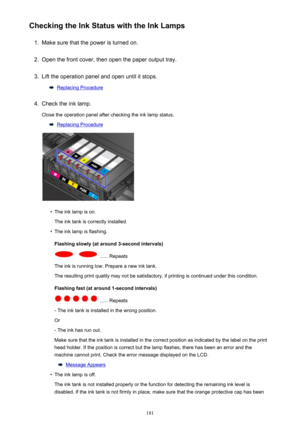 Page 181Checking the Ink Status with the Ink Lamps1.
Make sure that the power is turned on.
2.
Open the front cover, then open the paper output tray.
3.
Lift the operation panel and open until it stops.
Replacing Procedure
4.
Check the ink lamp.Close the operation panel after checking the ink lamp status.
Replacing Procedure
