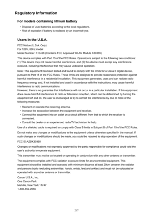 Page 217Regulatory InformationFor models containing lithium battery