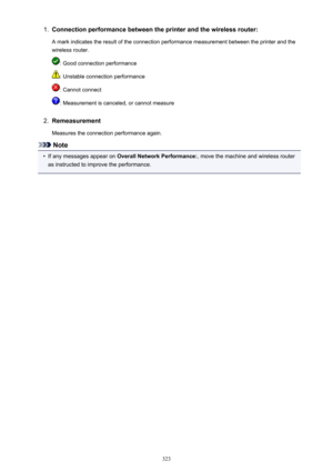 Page 3231.Connection performance between the printer and the wireless router:
A mark indicates the result of the connection performance measurement between the printer and the wireless router.
: Good connection performance
: Unstable connection performance
: Cannot connect
: Measurement is canceled, or cannot measure
2.
Remeasurement
Measures the connection performance again.
Note
