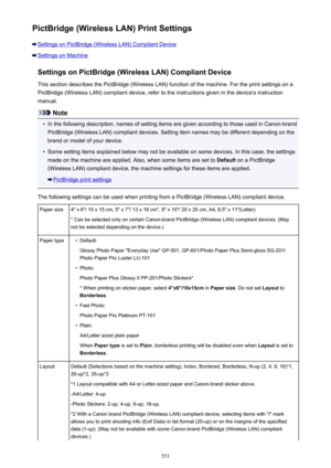 Page 551PictBridge (Wireless LAN) Print Settings
Settings on PictBridge (Wireless LAN) Compliant Device
Settings on MachineSettings on PictBridge (Wireless LAN) Compliant Device
This section describes the PictBridge (Wireless LAN) function of the machine. For the print settings on a PictBridge (Wireless LAN) compliant device, refer to the instructions given in the device's instruction
manual.
Note
