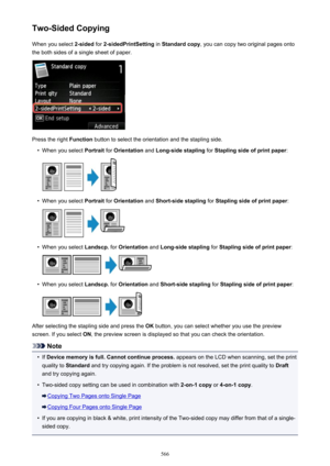 Page 566Two-Sided CopyingWhen you select  2-sided for 2-sidedPrintSetting  in Standard copy , you can copy two original pages onto
the both sides of a single sheet of paper.
Press the right  Function button to select the orientation and the stapling side.
