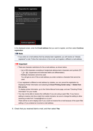 Page 92In the displayed screen, enter the E-mail address that you want to register, and then select  Continue
registration .
Note
