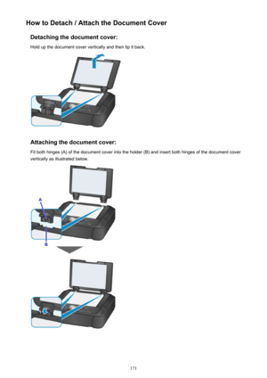 Page 171How to Detach / Attach the Document CoverDetaching the document cover:Hold up the document cover vertically and then tip it back.
Attaching the document cover:
Fit both hinges (A) of the document cover into the holder (B) and insert both hinges of the document cover
vertically as illustrated below.
171 