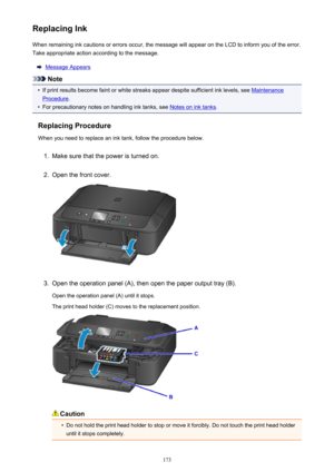 Page 173Replacing InkWhen remaining ink cautions or errors occur, the message will appear on the LCD to inform you of the error.
Take appropriate action according to the message.
Message Appears
Note
