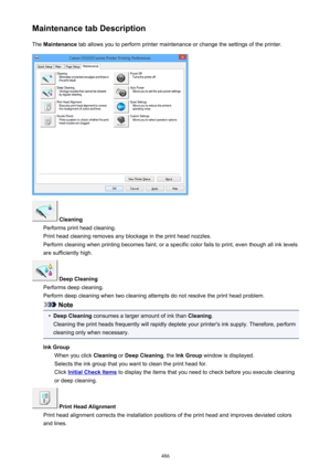 Page 486Maintenance tab DescriptionThe  Maintenance  tab allows you to perform printer maintenance or change the settings of the printer.
 Cleaning
Performs print head cleaning.
Print head cleaning removes any blockage in the print head nozzles.
Perform cleaning when printing becomes faint, or a specific color fails to print, even though all ink levels are sufficiently high.
 Deep Cleaning
Performs deep cleaning.
Perform deep cleaning when two cleaning attempts do not resolve the print head problem.
Note
