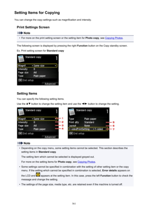 Page 561Setting Items for CopyingYou can change the copy settings such as magnification and intensity.
Print Settings Screen
Note
