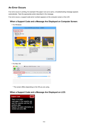 Page 910An Error OccursIf an error occurs in printing, for example if the paper runs out or jams, a troubleshooting message appears
automatically. Take the appropriate action described in the message.
If an error occurs, a support code (error number) appears on the computer screen or the LCD.
When a Support Code and a Message Are Displayed on Computer Screen: