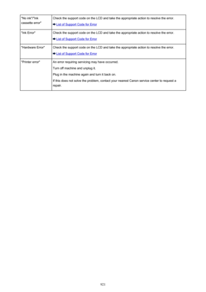 Page 921"No ink"/"Ink
cassette error"Check the support code on the LCD and take the appropriate action to resolve the error.
List of Support Code for Error
"Ink Error"Check the support code on the LCD and take the appropriate action to resolve the error.
List of Support Code for Error
"Hardware Error"Check the support code on the LCD and take the appropriate action to resolve the error.
List of Support Code for Error
"Printer error"An error requiring servicing may have...