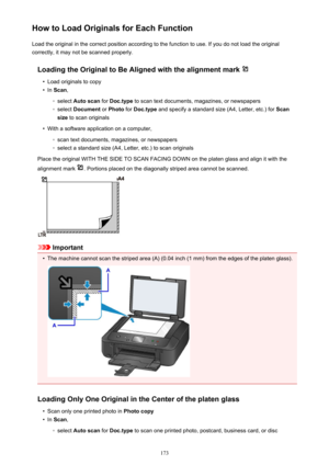 Page 173How to Load Originals for Each FunctionLoad the original in the correct position according to the function to use. If you do not load the original
correctly, it may not be scanned properly.
Loading the Original to Be Aligned with the alignment mark 