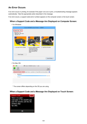 Page 949An Error OccursIf an error occurs in printing, for example if the paper runs out or jams, a troubleshooting message appears
automatically. Take the appropriate action described in the message.
If an error occurs, a support code (error number) appears on the computer screen or the touch screen.
When a Support Code and a Message Are Displayed on Computer Screen: