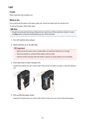 Page 9661303Cause
Paper is jammed near transport unit.
What to DoIf you cannot see the paper at the paper output slot, remove the paper from the transport unit.
To remove the paper, follow these steps.
Note
