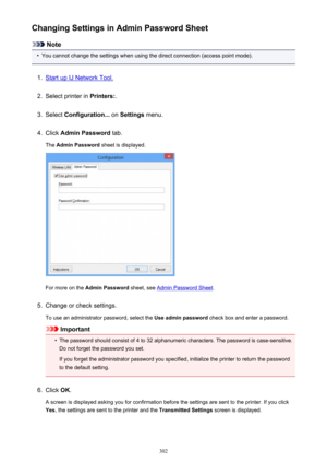 Page 302Changing Settings in Admin Password Sheet
Note
