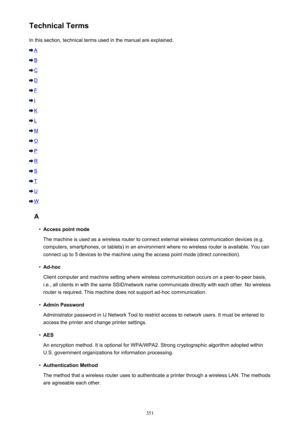 Page 351Technical TermsIn this section, technical terms used in the manual are explained.
A
B
C
D
F
I
K
L
M
O
P
R
S
T
U
W
A
