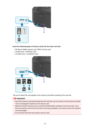 Page 181Insert the following types of memory cards into the lower card slot:
