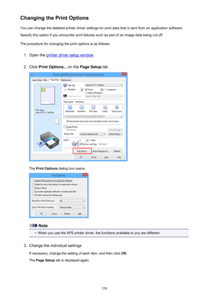 Page 250Changing the Print OptionsYou can change the detailed printer driver settings for print data that is sent from an application software.
Specify this option if you encounter print failures such as part of an image data being cut off.
The procedure for changing the print options is as follows:1.
Open the printer driver setup window
2.
Click  Print Options...  on the Page Setup  tab
The Print Options  dialog box opens.
Note
