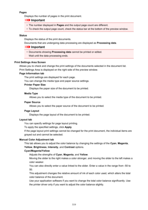 Page 519PagesDisplays the number of pages in the print document.
Important
