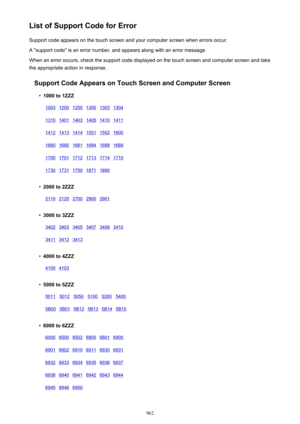 Page 962List of Support Code for ErrorSupport code appears on the touch screen and your computer screen when errors occur.
A "support code" is an error number, and appears along with an error message.
When an error occurs, check the support code displayed on the touch screen and computer screen and take
the appropriate action in response.
Support Code Appears on Touch Screen and Computer Screen