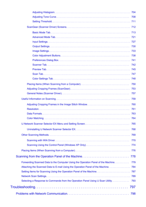 Page 11Adjusting Histogram. . . . . . . . . . . . . . . . . . . . . . . . . . . . . . . . . . . . . . . . . . . . . . . . . . . . . . . .  704
Adjusting Tone Curve. . . . . . . . . . . . . . . . . . . . . . . . . . . . . . . . . . . . . . . . . . . . . . . . . . . . . .   708
Setting Threshold. . . . . . . . . . . . . . . . . . . . . . . . . . . . . . . . . . . . . . . . . . . . . . . . . . . . . . . . . .  711
ScanGear (Scanner Driver) Screens. . . . . . . . . . . . . . . . . . . . . . . . . . . . . . . . . ....