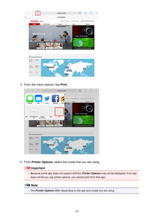 Page 1073.
From the menu options, tap Print.
4.
From  Printer Options , select the model that you are using.
Important
•
Because some app does not support AirPrint,  Printer Options may not be displayed. If an app
does not let you use printer options, you cannot print from that app.
Note
•
The  Printer Options  differ depending on the app and model you are using.
107 