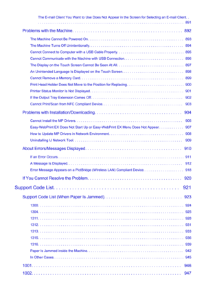 Page 14The E-mail Client You Want to Use Does Not Appear in the Screen for Selecting an E-mail Client. . 
. . . . . . . . . . . . . . . . . . . . . . . . . . . . . . . . . . . . . . . . . . . . . . . . . . . . . . . . . . . . . . . . . . . . . . . . . . . .   891
Problems with the Machine. . . . . . . . . . . . . . . . . . . . . . . . . . . . . . . . . . . . . . . . . . . . . . . .  892 The Machine Cannot Be Powered On. . . . . . . . . . . . . . . . . . . . . . . . . . . . . . . . . . . . . . . . . . . . . . ....